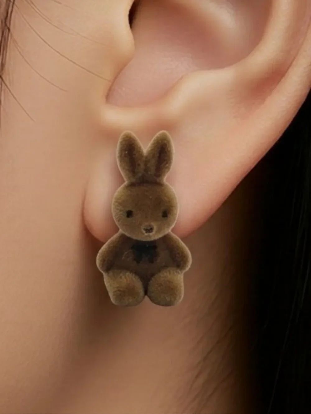 Brown Fuzzy Bunny Earrings Cute Rabbit Studs Kawaii Cottagecore Soft Girl Whimsy